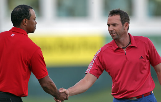 US Open golf: Sergio and Tiger share handshake
