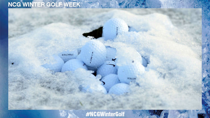 Winter Golf Week practice balls in snow