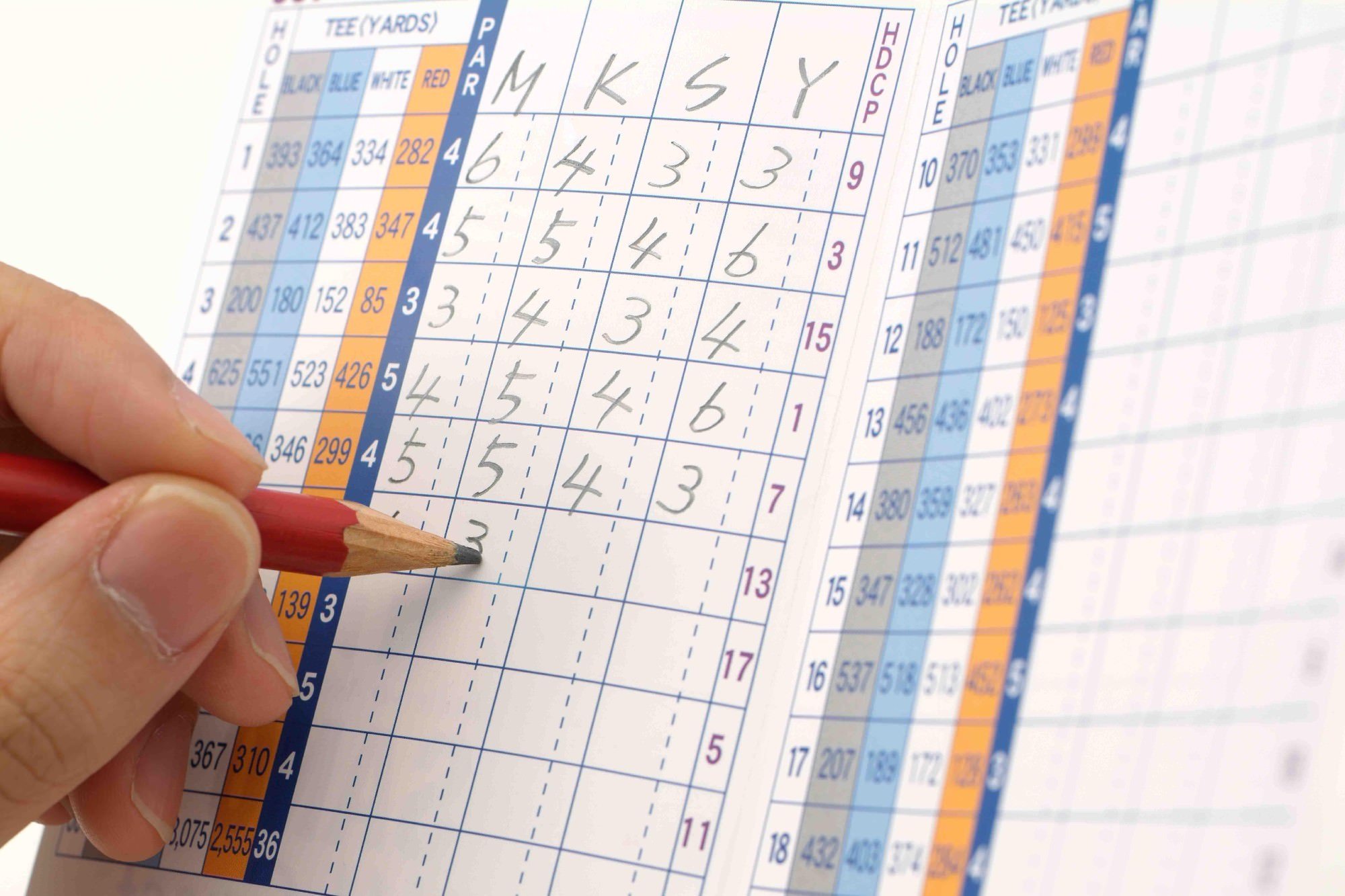 Golfer marking scorecard