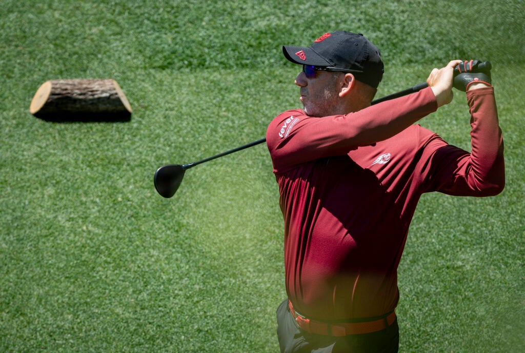 Masters champion Sergio Garcia of Spain plays a stroke from the No. 14 tee during the final round of the Masters at Augusta National Golf Club, Sunday, April 12, 2026 | Source: Augusta National