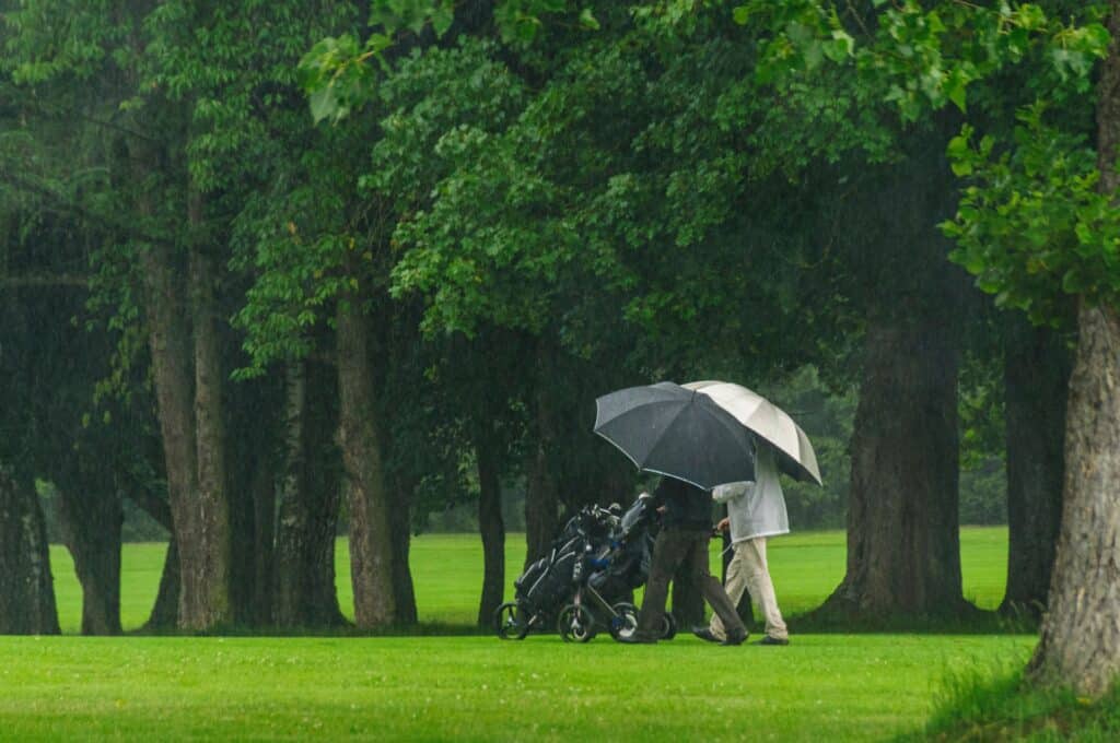 Golfers shelter from the weather under an umbrella | Source: Adobe Stock
World Handicap System data
Playing conditions calculation