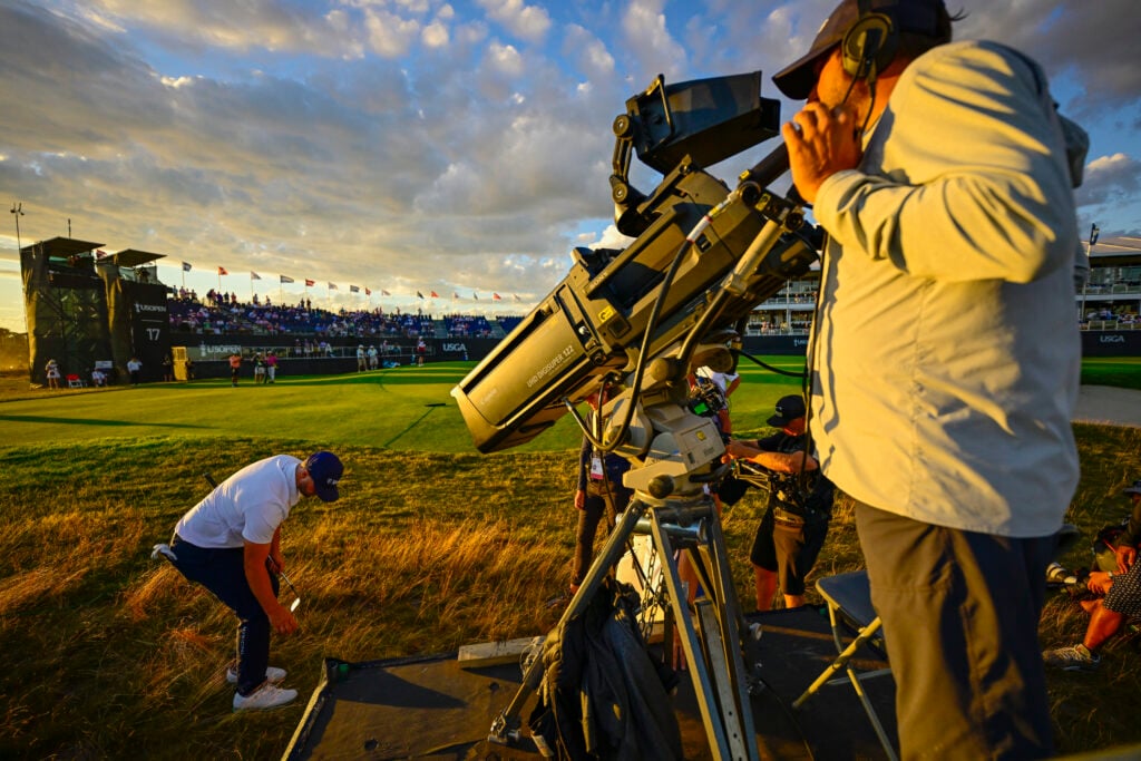 Wyndham Clark drops his golf ball on the 17th hole during the third round of the 2026 U.S. Open at Shinnecock Hills | Source: NCG