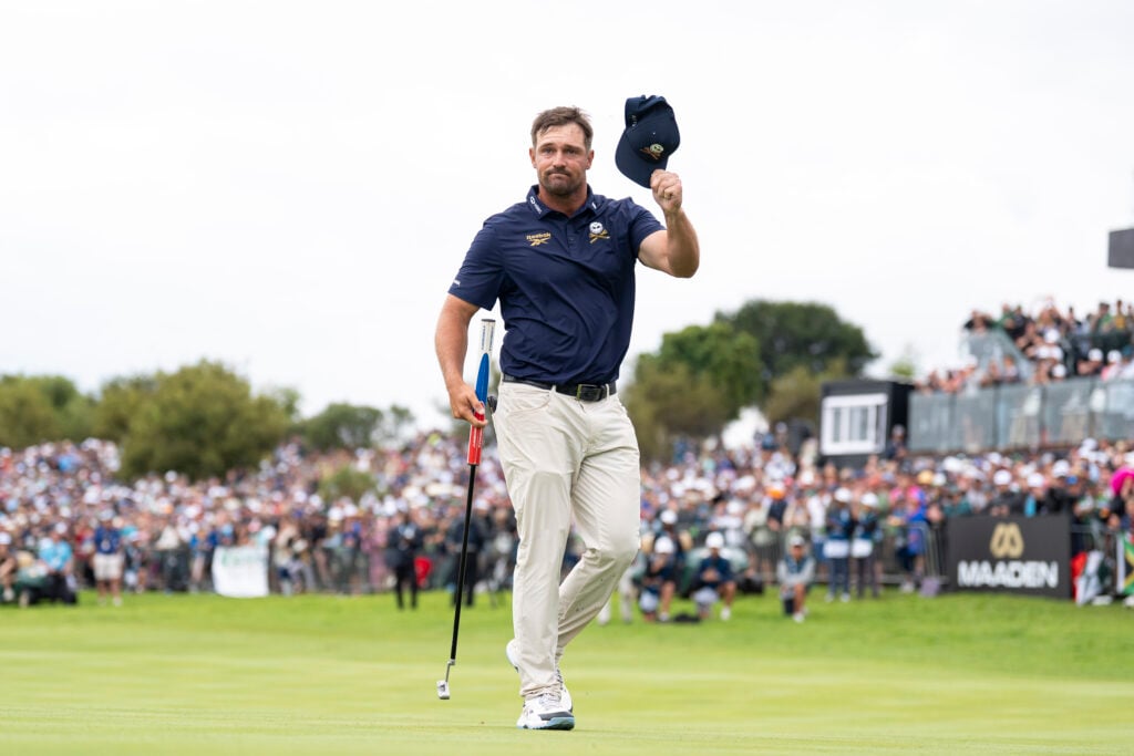 Captain Bryson DeChambeau of Crushers GC celebrates after his putt on the 18th green during the final round of LIV Golf South Africa at The Club at Steyn City on Sunday, March 22, 2026 in Midrand, South Africa. (Photo by LIV Golf)