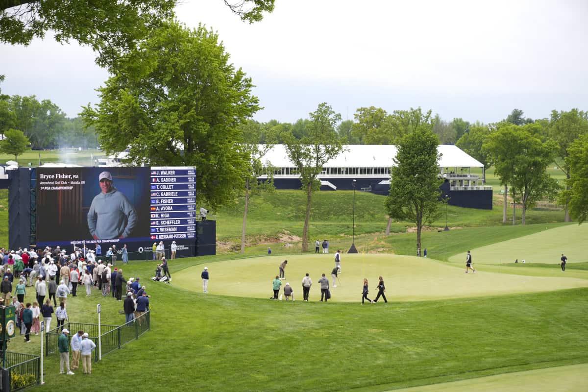 NEWTOWN SQUARE, PA - MAY 11: A general view of the ninth hole green during the PGA Championship at Aronimink Golf Club on Monday, May 11, 2026 in Newtown Square, Pennsylvania. (Photo by Darren Carroll/PGA of America)