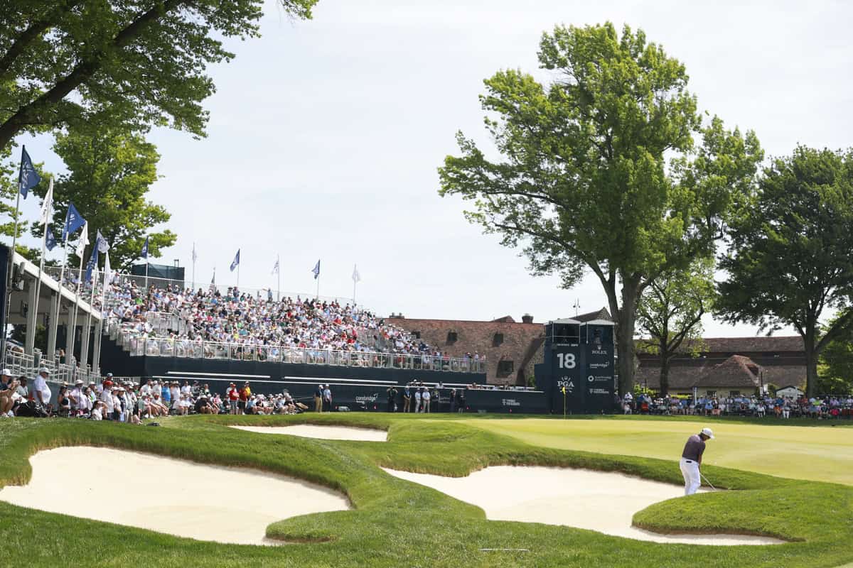 NEWTOWN SQUARE, PA - MAY 17: Luke Donald hits out of the bunker on the 18th hole during the final round of the PGA Championship at Aronimink Golf Club on Sunday, May 17, 2026 in Newtown Square, Pennsylvania. (Photo by Scott Taetsch/PGA of America)