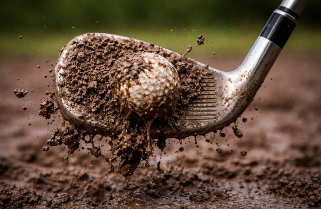 Illustration of a golf ball stuck to the clubface in mud | Source: AI