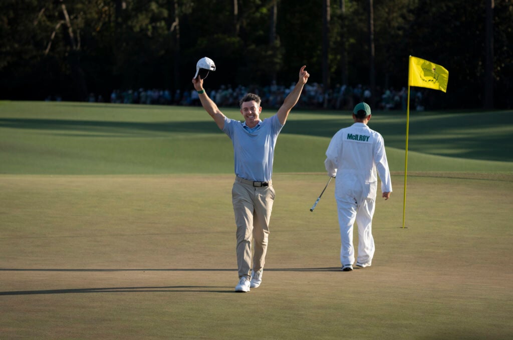 Masters champion Rory McIlroy of Northern Ireland celebrates after winning the Masters at Augusta National Golf Club, Sunday, April 12, 2026 | Source: Chris Turvey