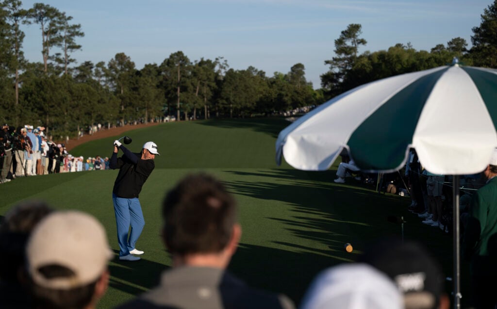 Masters champion Jose Maria Olazabal of Spain plays a stroke from the No. 1 tee during the first round of the Masters at Augusta National Golf Club, Thursday, April 09, 2026 | Source: Logan Whitton