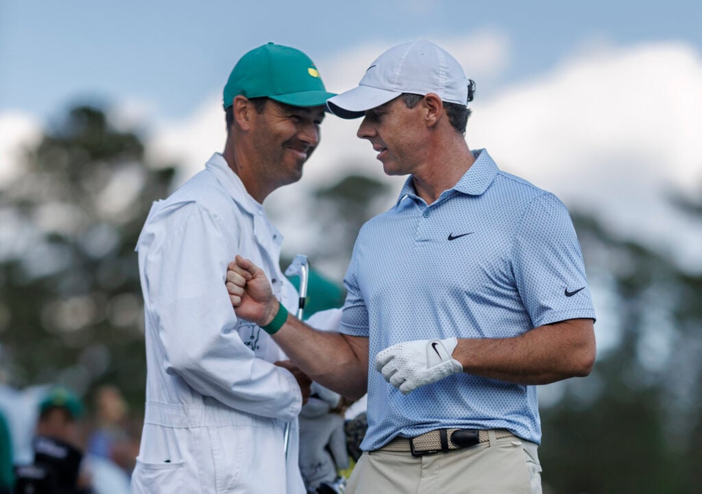 Masters champion Rory McIlroy of Northern Ireland and caddie Harry Diamond during the final round of the Masters at Augusta National Golf Club, Sunday, April 12, 2026 | Source: Matty Aylward