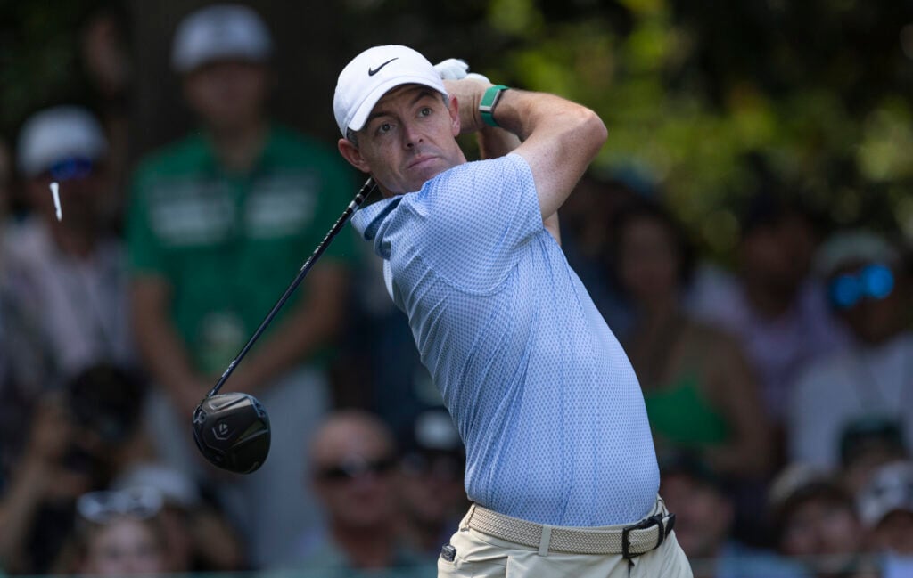 Masters champion Rory McIlroy of Northern Ireland plays a stroke from the No. 7 tee during the final round of the Masters at Augusta National Golf Club, Sunday, April 12, 2026 | Source: Simon Bruty