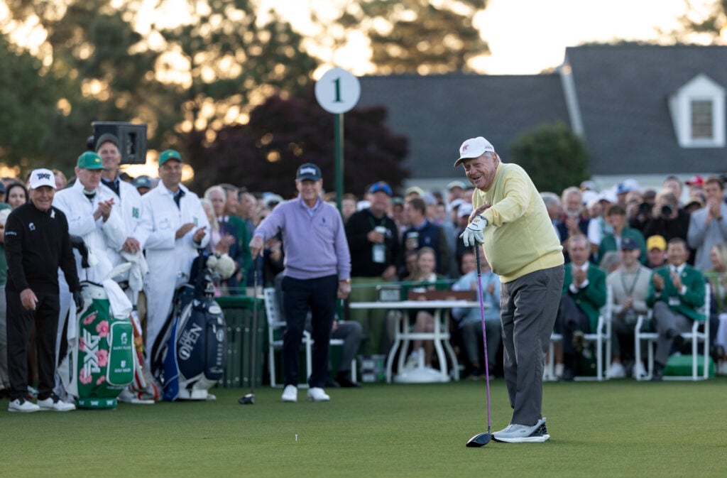 Masters champion and Honorary Starter Jack Nicklaus reacts during the Honorary Starters Ceremony ahead of the first round of the Masters at Augusta National Golf Club, Thursday, April 09, 2026 | Source: Simon Bruty