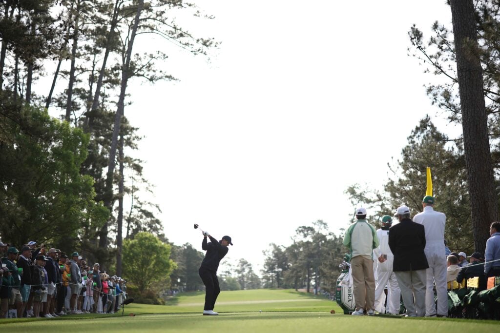 Adam Scott of Australia plays his shot from the 17th tee during a practice round prior to the 2026 Masters Tournament at Augusta National Golf Club on April 08, 2026 in Augusta | Source: Jared C. Tilton/Getty Images