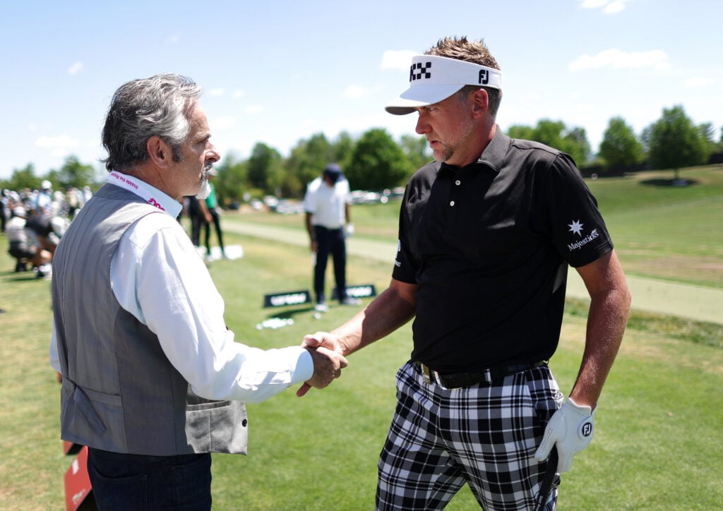 Ian Poulter with broadcaster David Feherty (L) during day two of the LIV Golf Invitational - Bedminster in 2022 in Bedminster, New Jersey | Source Jonathan Ferrey/LIV Golf via Getty Images
