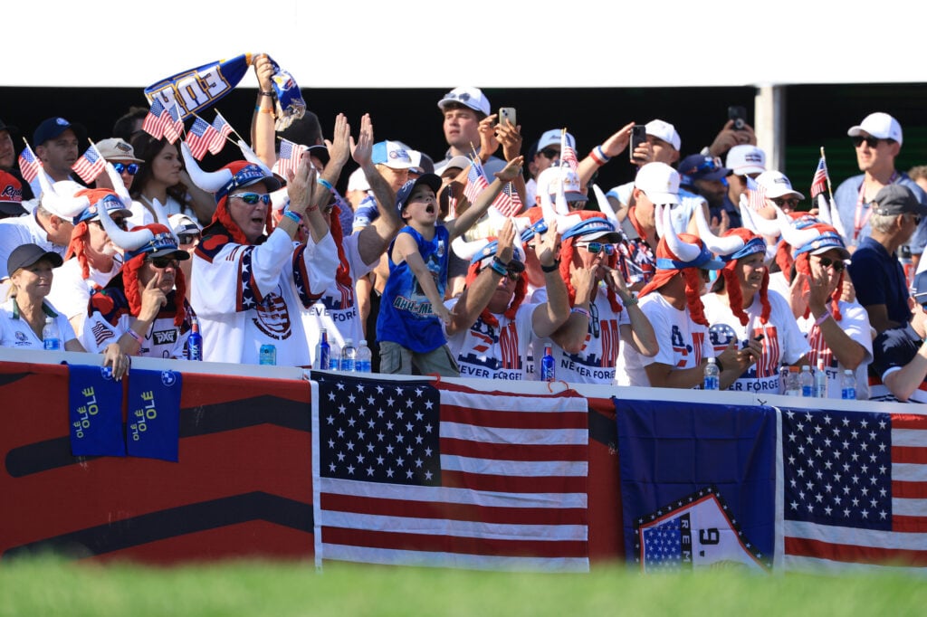 United States fans react during the Sunday singles matches of the 2025 Ryder Cup | Source: David Cannon/Getty Images