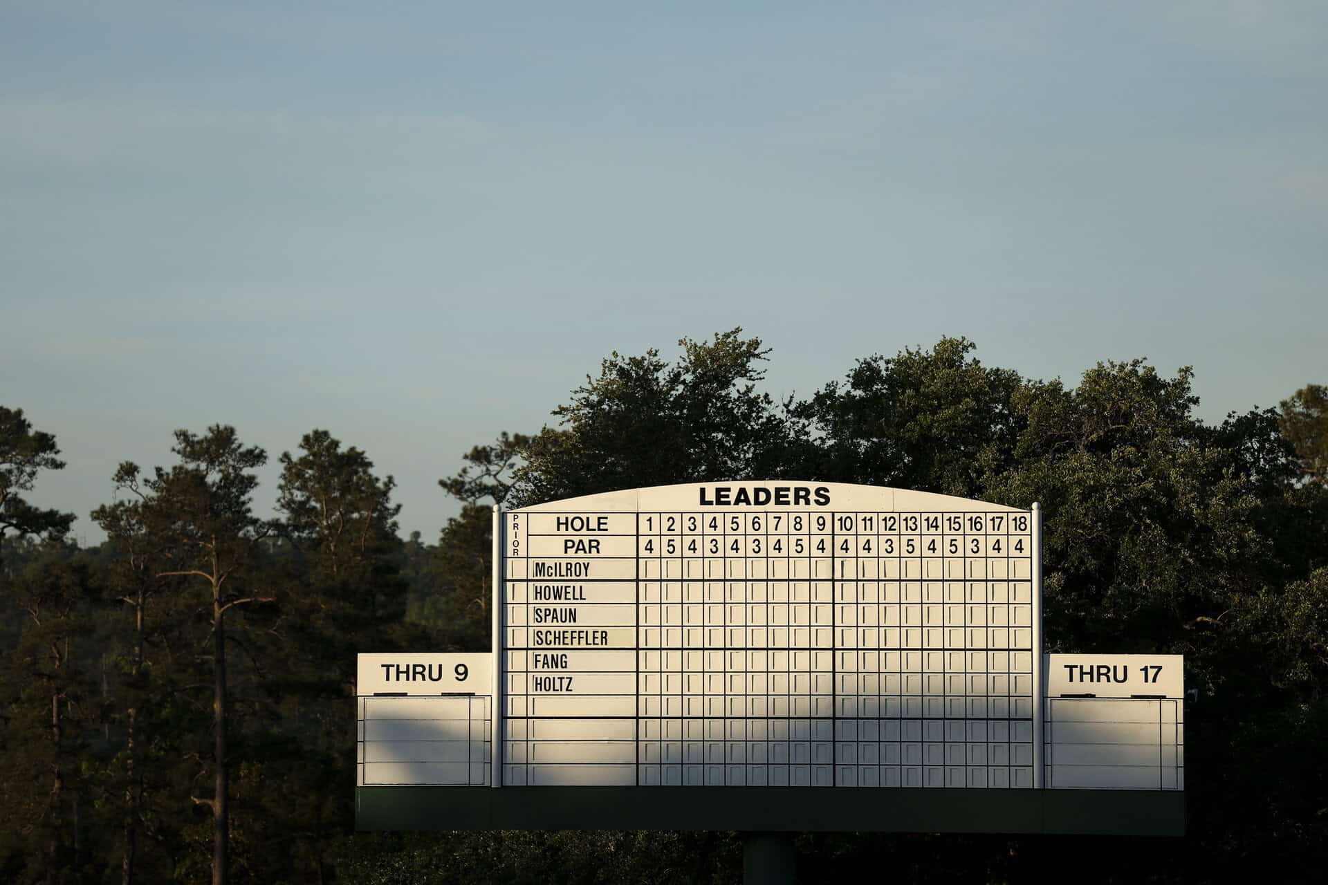 A general view of the leaderboard during the first round of the 2026 Masters Tournament at Augusta National Golf Club on April 09, 2026 in Augusta, Georgia. (Photo by Maddie Meyer/Getty Images)
