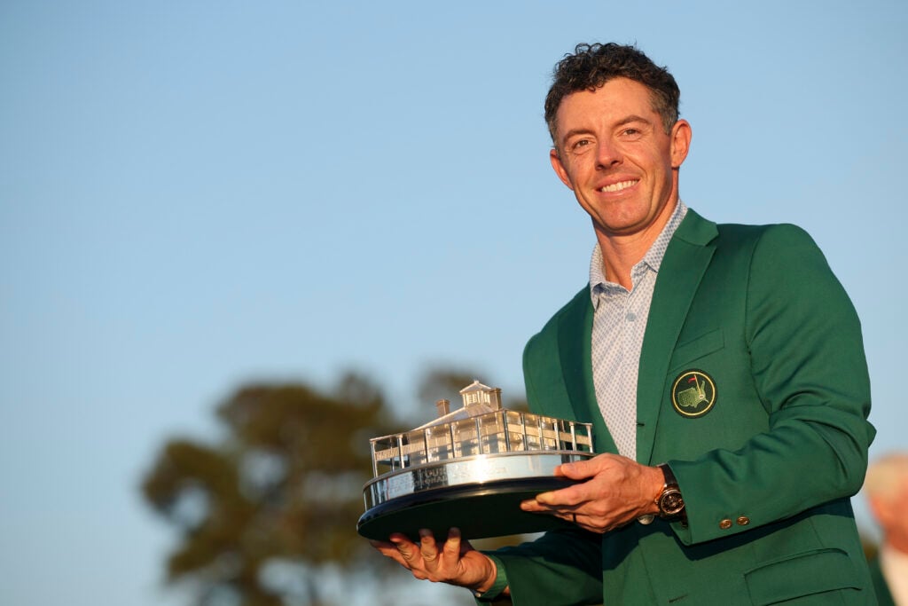 Rory McIlroy of Northern Ireland poses with the Masters trophy during the Green Jacket Ceremony after winning the final round of the 2026 Masters Tournament at Augusta National | Source: Hector Vivas/Getty Images