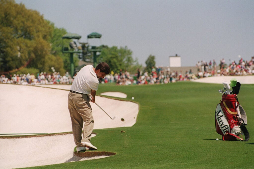 DEFENDING CHAMPION JOSE-MARIA OLAZABAL OF SPAIN PLAYING AN IRON SHOT TO THE 18TH GREEN DURING THE FIRST PRACTICE ROUND AT THE 1995 US MASTERS GOLF | Source: Getty