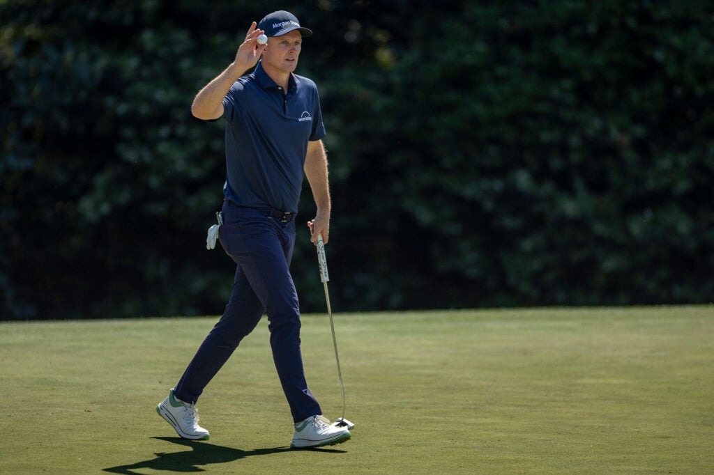 Justin Rose of England reacts after putting on the No. 5 green during the final round of the Masters at Augusta National Golf Club, Sunday, April 12, 2026 | Source: Kieran Cleeves