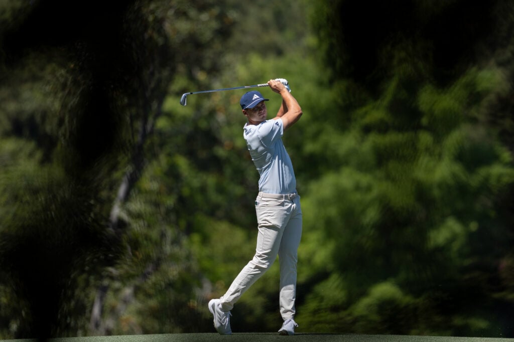 Ludvig Ãberg with his approach into the 5th hole at the 2026 Masters. Credit: Getty Images