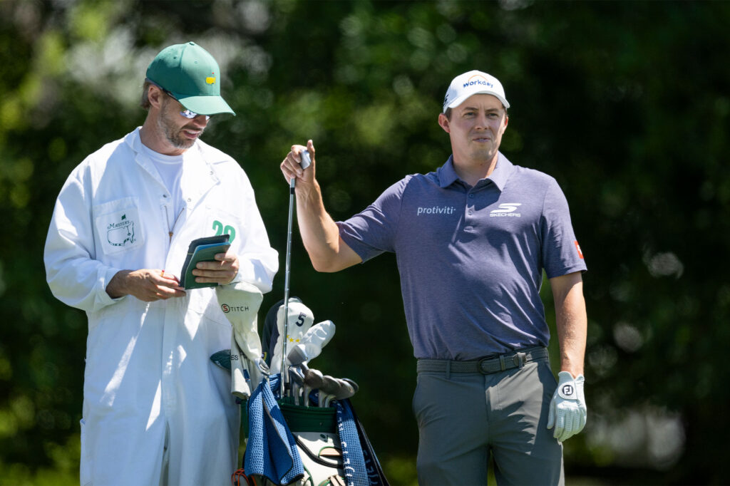 Matt Fitzpatrick of England draws a club from his bag on the No. 4 hole during a practice round prior to the Masters at Augusta National Golf Club, Tuesday, April 07, 2026 | Source: Chris Condon