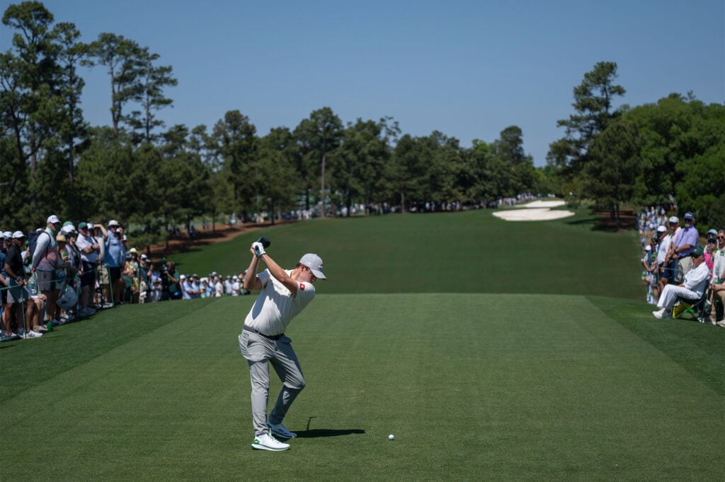 Matt Fitzpatrick of England plays a stroke from the No. 1 tee during the final round of the Masters at Augusta National Golf Club, Sunday, April 12, 2026 | Source: Joel Marklund