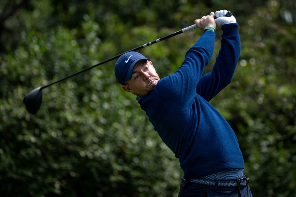 Rory McIlroy on the 2nd tee of his opening round at the 2026 Masters. Credit: Getty Images