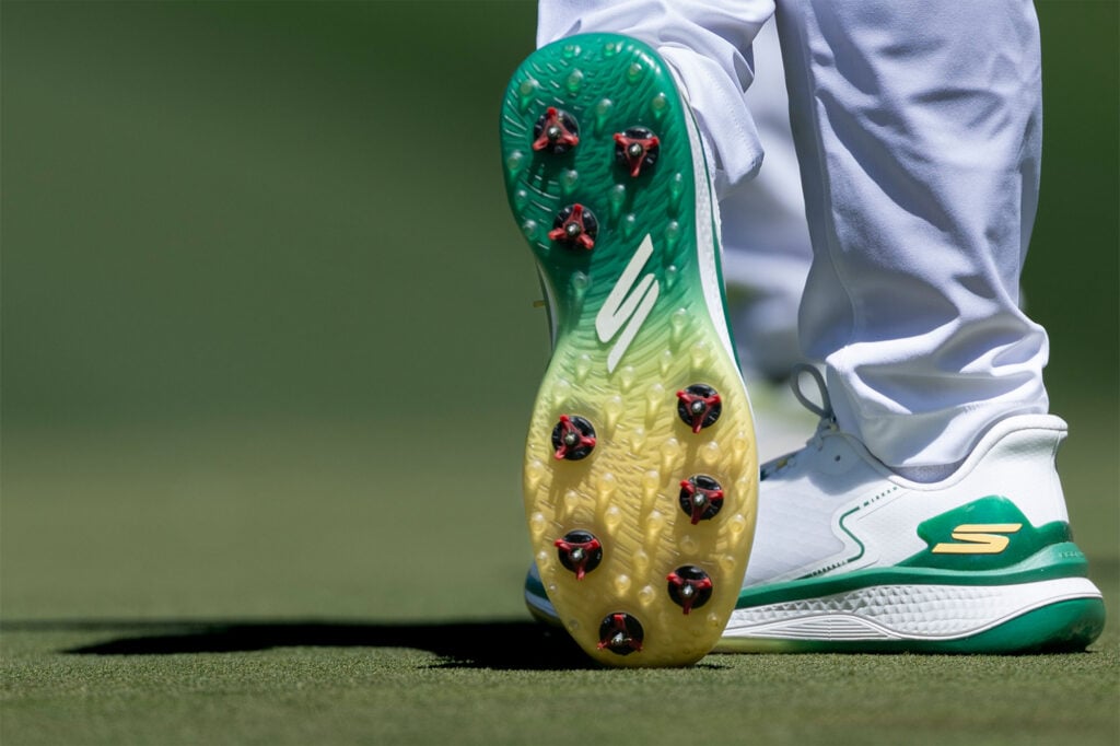 A detail view of the shoes of Matt Fitzpatrick of England during the first round of the Masters at Augusta National Golf Club, Thursday, April 09, 2026 | Source: Simon Bruty