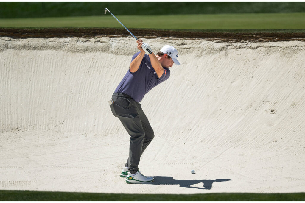 Matt Fitzpatrick of England plays a stroke from a bunker on the No. 4 hole during a practice round prior to the Masters at Augusta National Golf Club, Tuesday, April 07, 2026 | Source: Chris Condon