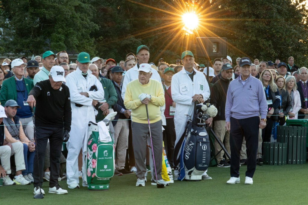 Masters champion and Honorary Starter Gary Player, Jack Nicklaus and Tom Watson ahead of the first round of the 2926 Masters. Credit: Getty Images