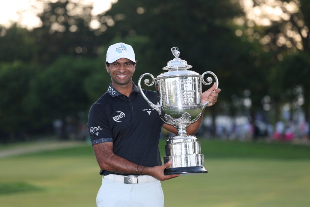 Aaron Rai celebrates with The Wanamaker Trophy after winning the 2026 PGA Championship | Source: Richard Heathcote/Getty Images