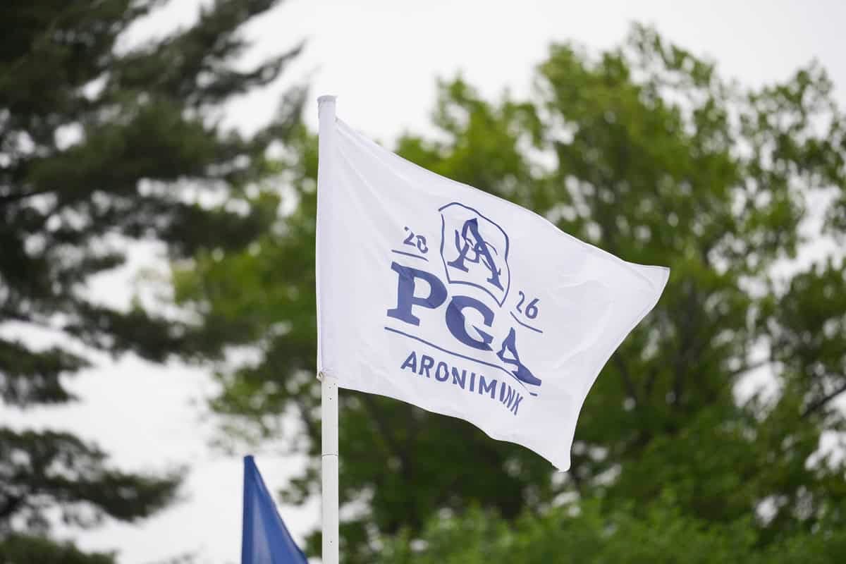 NEWTOWN SQUARE, PA - MAY 11: A general view of the 2026 PGA Aronimink flag during the PGA Championship at Aronimink Golf Club on Monday, May 11, 2026 in Newtown Square, Pennsylvania. (Photo by Darren Carroll/PGA of America)
