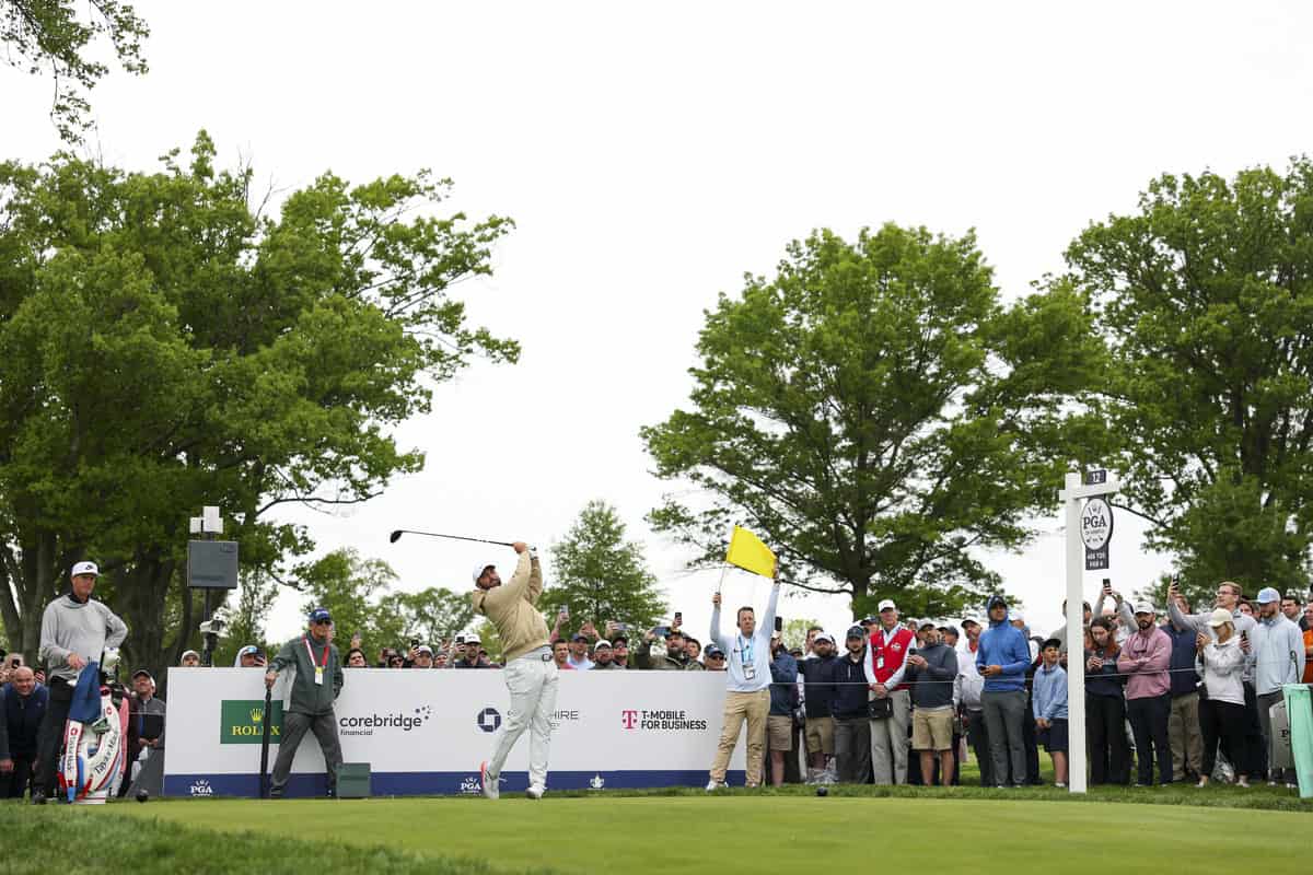 NEWTOWN SQUARE, PA - MAY 11: Scottie Scheffler hits his tee shot on the 12th hole during the PGA Championship Practice Round at Aronimink Golf Club on Monday, May 11, 2026 in Newtown Square, Pennsylvania. (Photo by Maddie Meyer/PGA of America)