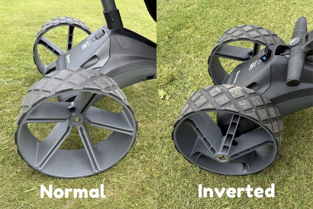 Motocaddy wheels inverted and normal | source: NCG