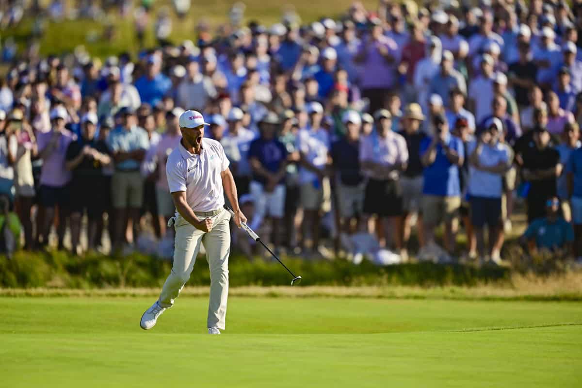 Wyndham Clark reacts after sinking his putt on the 16th hole during the final round of the 2026 U.S. Open at Shinnecock Hills Golf Club in Southampton, N.Y. on Sunday, June 21, 2026. (Logan Whitton/USGA)