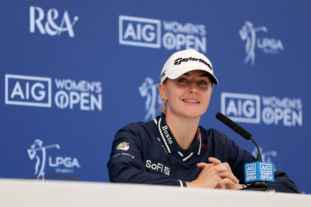 Charley Hull of England speaks to the media during a press conference prior to the AIG Women's Open 2026 at Royal Lytham & St. Annes | Source: Richard Heathcote/R&A/R&A via Getty Images