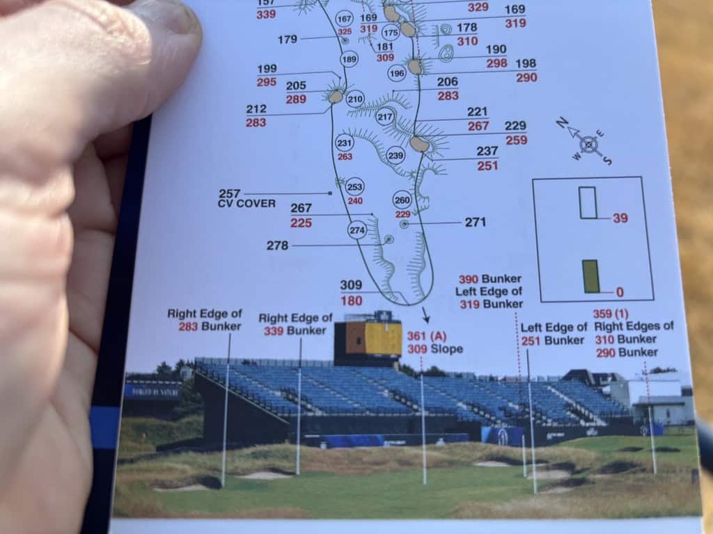 Strokesaver yardages down the 18th hole at Royal Birkdale in The Open yardage book | Source: NCG