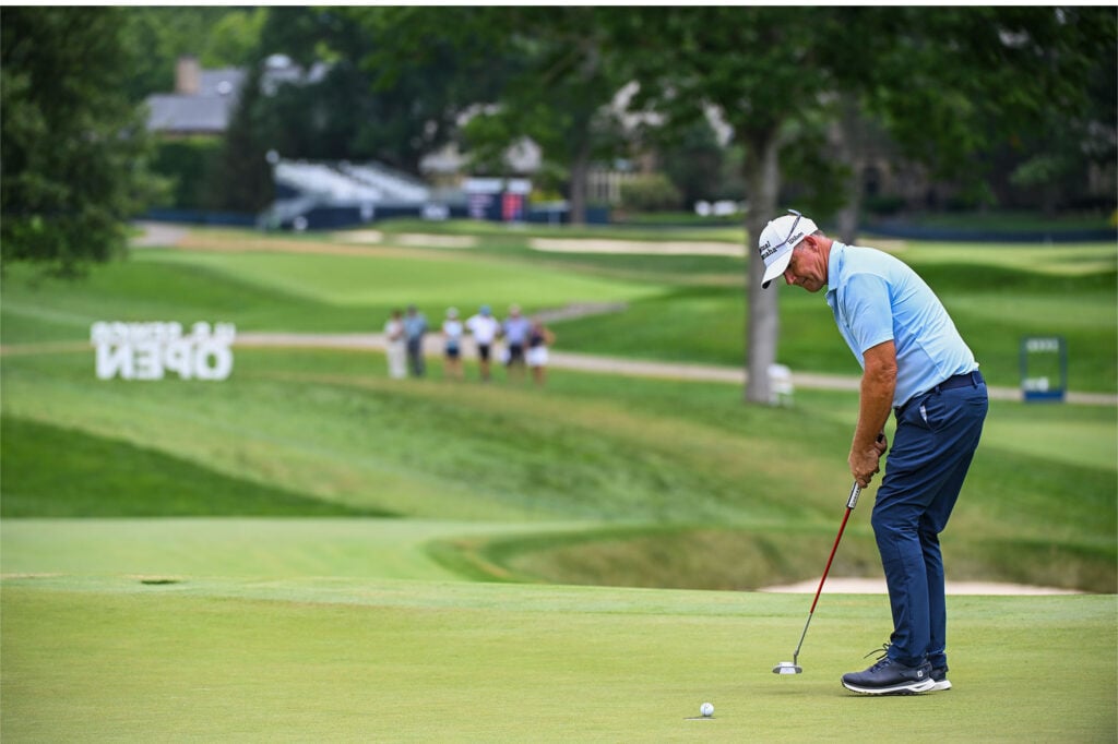 Padraig Harrington sinks his putt on the 18th hole to win the 2026 U.S. Senior Open at Scioto Country Club in Columbus, Ohio on Sunday, July 5, 2026 | Source: USGA/Edward M. Pio Roda