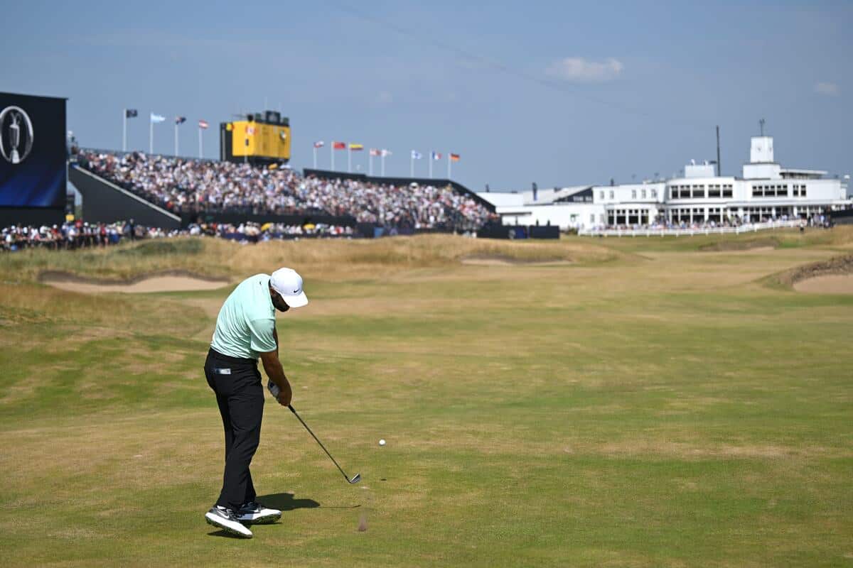 Scottie Scheffler of the United States plays a shot on the 18th hole during Day One of the The 154th Open Championship at Royal Birkdale on July 16, 2026 in Southport, England. (Photo by Kate McShane/R&A/R&A via Getty Images)
