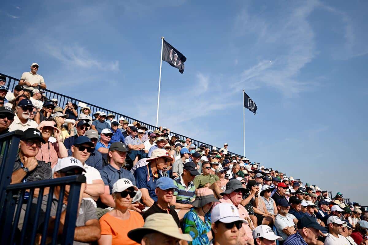 Spectators watch on from a grandstand during Day One of the The 154th Open Championship at Royal Birkdale on July 16, 2026 in Southport, England. (Photo by Oisin Keniry/R&A/R&A via Getty Images)
