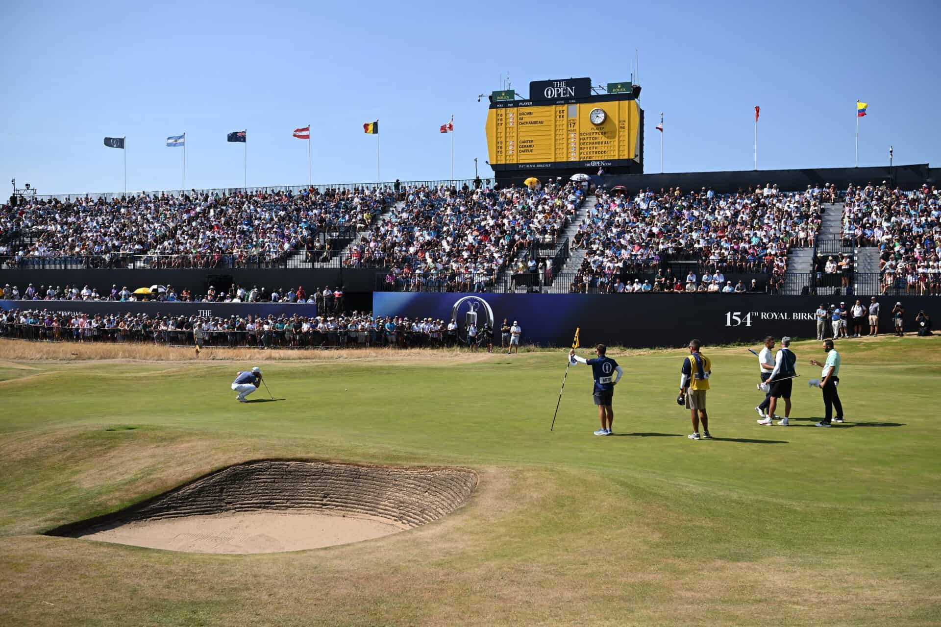 A general view as Tyrrell Hatton of England lines up a putt on the 18th green during Day One of the The 154th Open Championship at Royal Birkdale on July 16, 2026 in Southport, England. (Photo by Stuart Kerr/R&A/R&A via Getty Images)