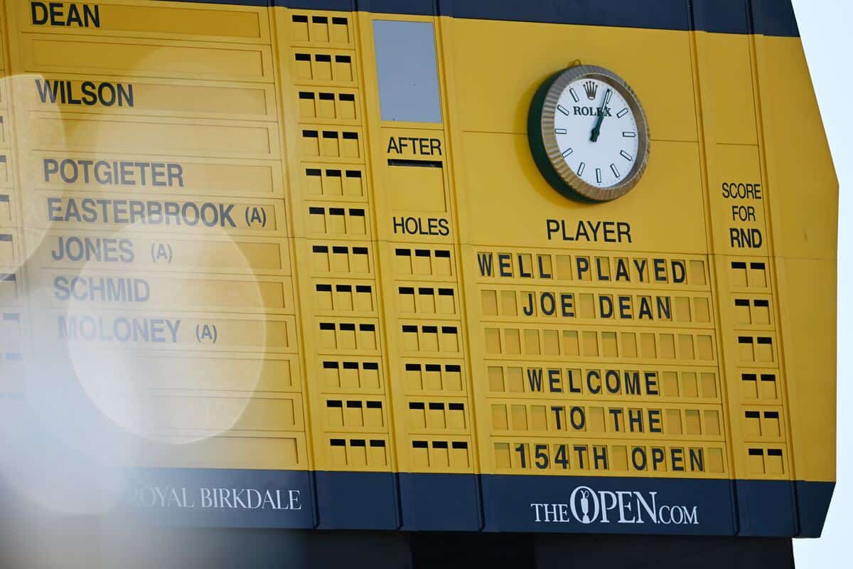 A view of the scoreboard after Joe Dean of England (not pictured) wins the Last-Chance Qualifier for the 154th Open Championship at Royal Birkdale on July 13, 2026 in Southport, England. (Photo by Oisin Keniry/R&A/R&A via Getty Images)