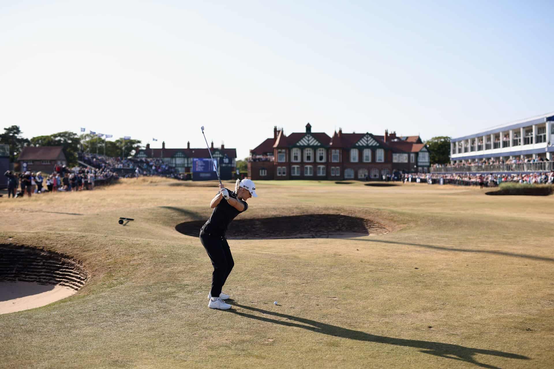Charley Hull of England plays her second shot on the 18th hole during the Third Round of the AIG Women's Open 2026 at Royal Lytham & St. Annes on August 01, 2026 in Lytham St Annes, England. (Photo by Charlie Crowhurst/R&A/R&A via Getty Images)
