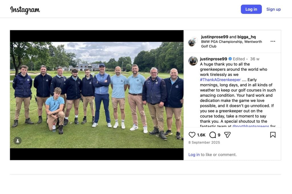 An Instagram post from Justin Rose showing his appreciation for greenkeepers on Thank A Greenkeeper Day