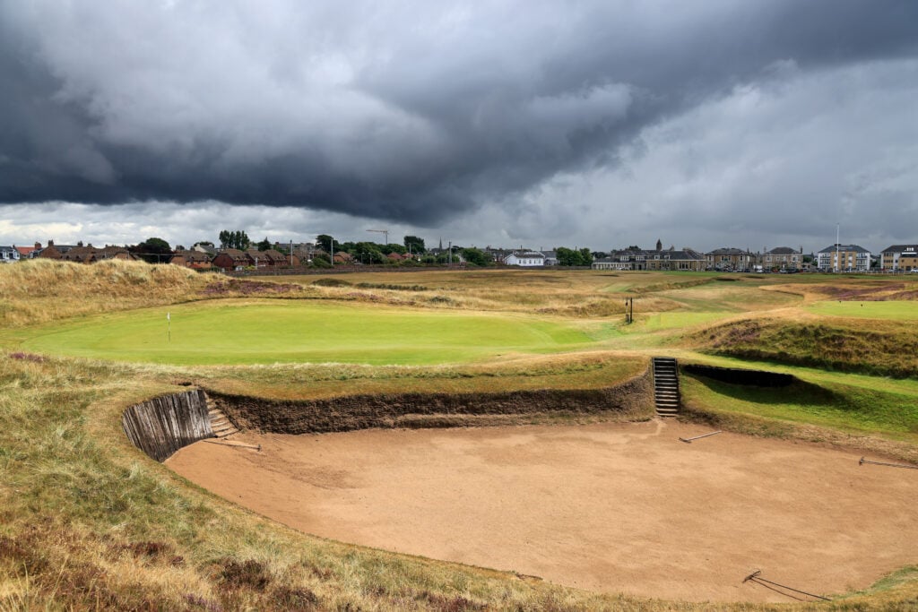 A view of the approach to the green on the par 4, 17th hole 'Alps'1 at Prestwick Golf Club on August 06, 2021 in Prestwick, Scotland. (Photo by David Cannon/Getty Images)