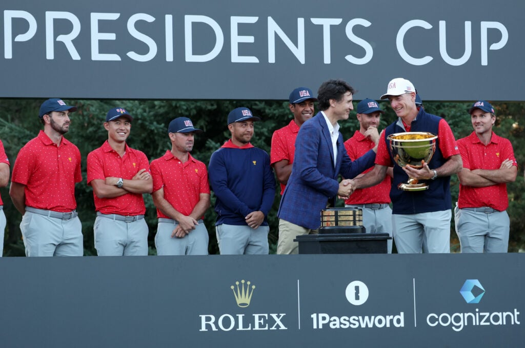 Jim Furyk is presented with the Presidents Cup Trophy at the 2024 Presidents Cup at The Royal Montreal Golf Club | Source: Harry How/Getty Images