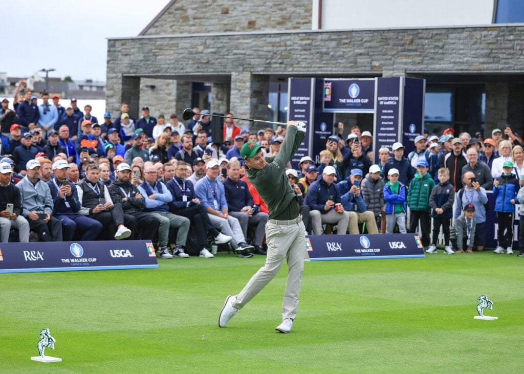 LAHINCH, IRELAND - SEPTEMBER 05: Stuart Grehan of The Great Britain and Ireland Team hits his tee shot on the first hole during the morning foursomes matches on day one of the Walker Cup at Lahinch Golf Club on September 05, 2026 in Lahinch, Ireland. (Photo by David Cannon/Getty Images)