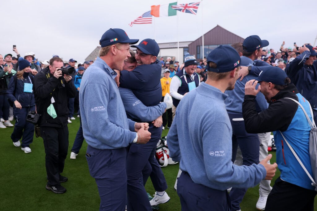 Luke Poulter, Stuart Grehan, Jack Whaley and Connor Graham of Team GB&I celebrate victory of the Walker Cup following the singles matches on day two of the Walker Cup at Lahinch Golf Club | Source: Warren Little/Getty Images