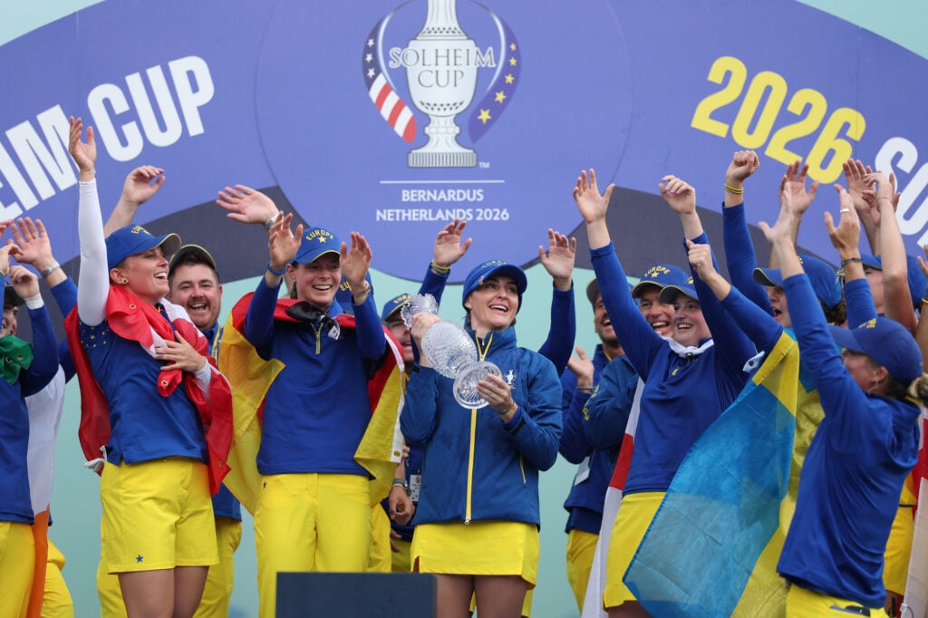 Charley Hull of Team Europe lifts the Solheim Cup trophy at Bernardus Golf | Source: Maddie Meyer/Getty Images