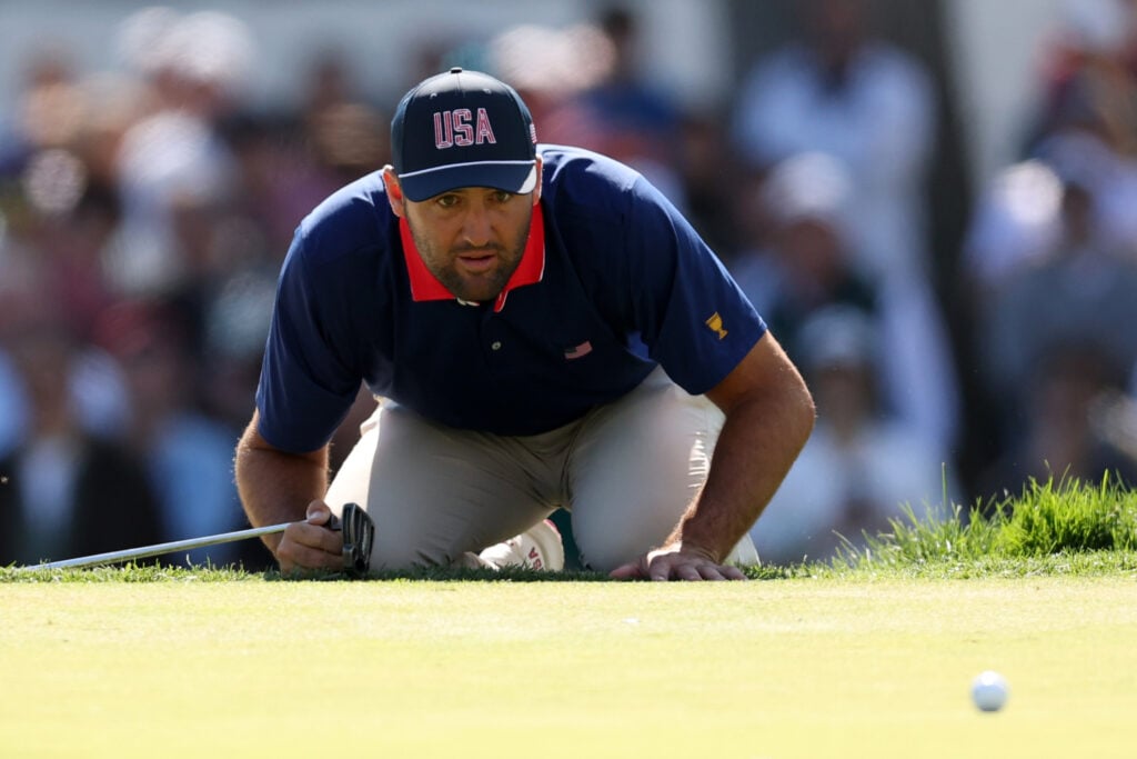 Scottie Scheffler on the 14th green during Saturday's fourball matches on day three of the Presidents Cup 2026 at Medinah Country Club | Source: Luke Hales/Getty Images
