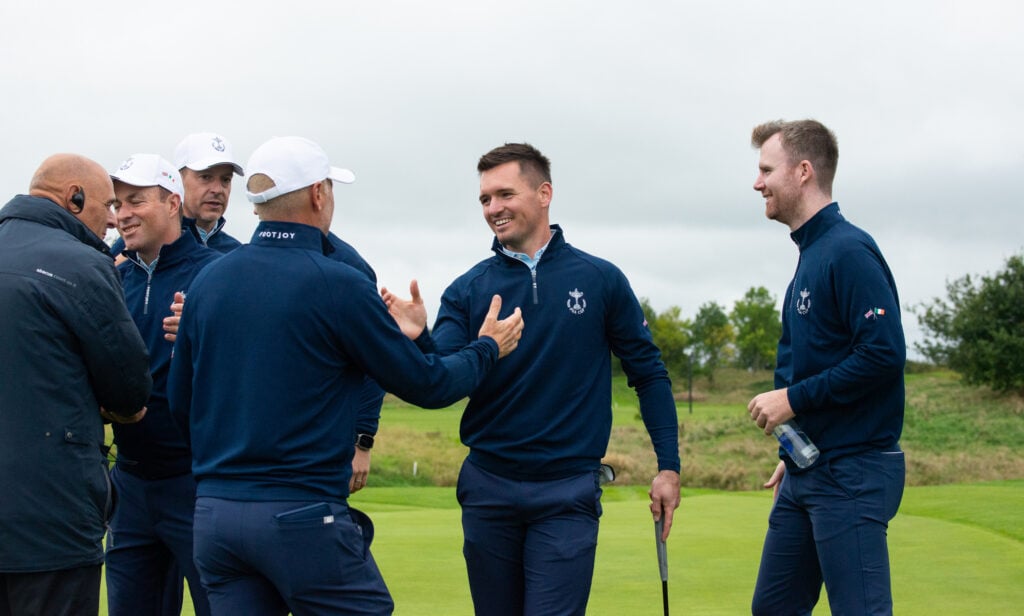 Team GB&I celebrates following Sunday's play at the 2026 PGA Cup at The K Club | Source: Irish Golfer for The PGA